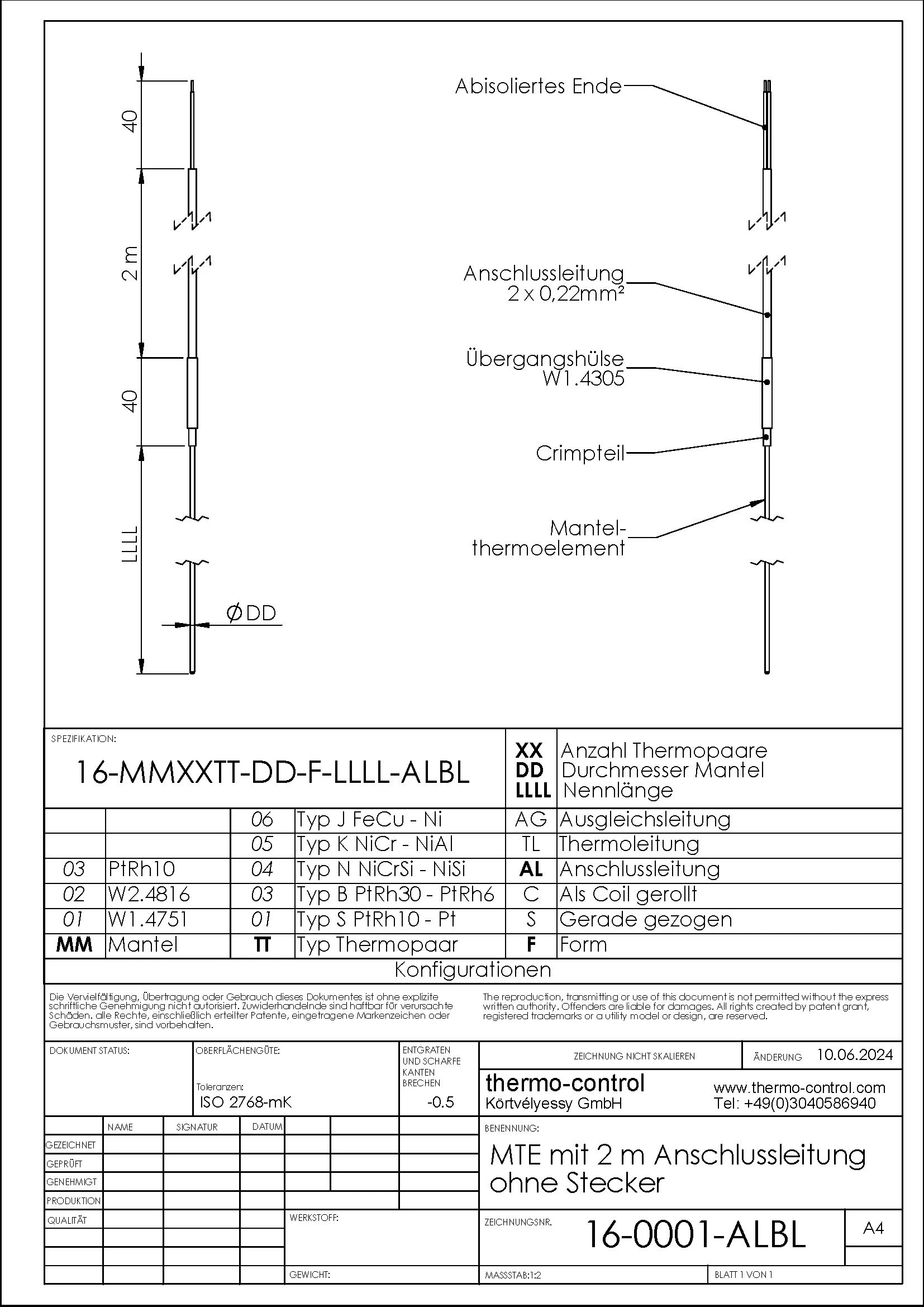 Variant with connection cable without connector