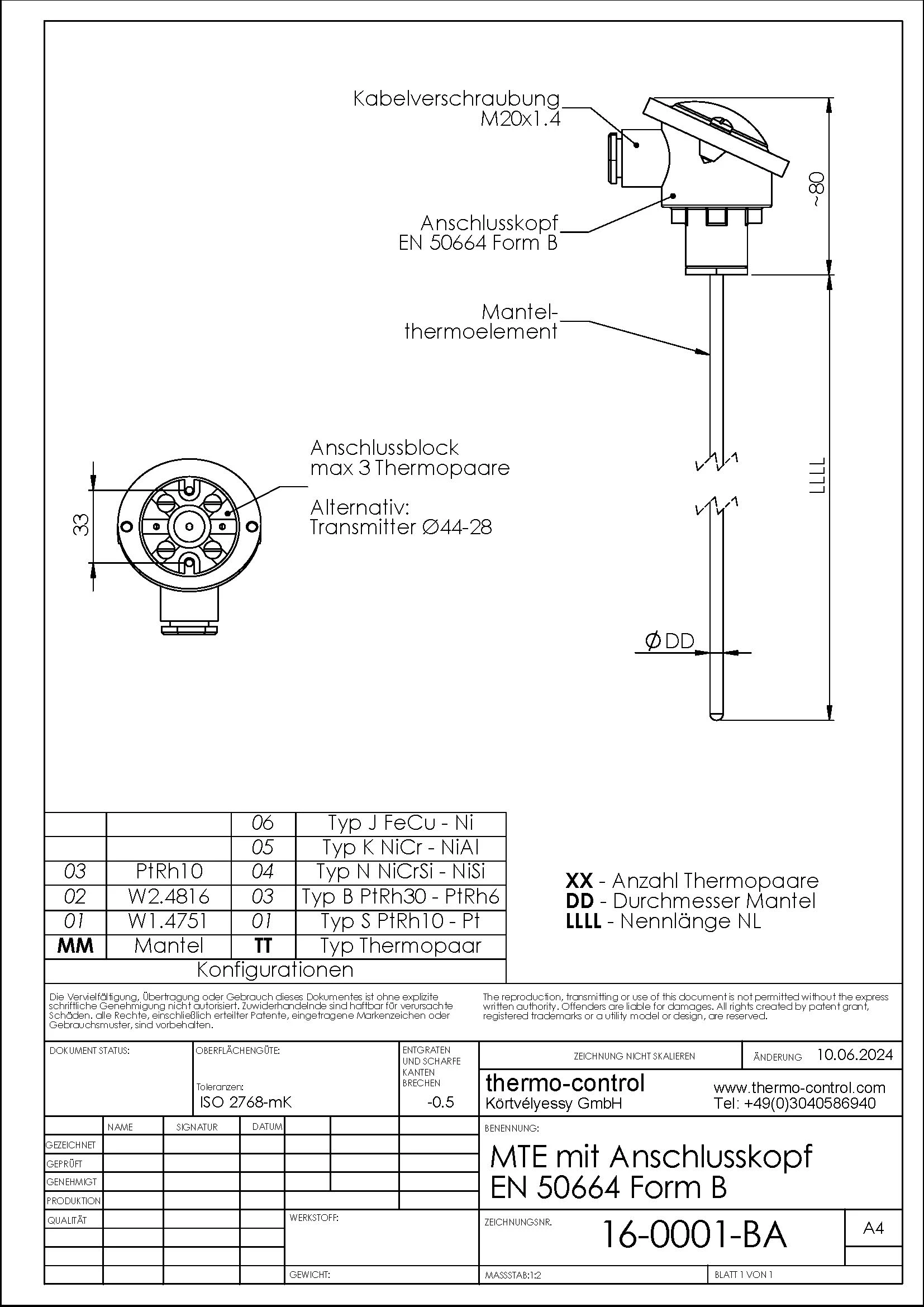 Ausführung mit Anschlusskopf Form B