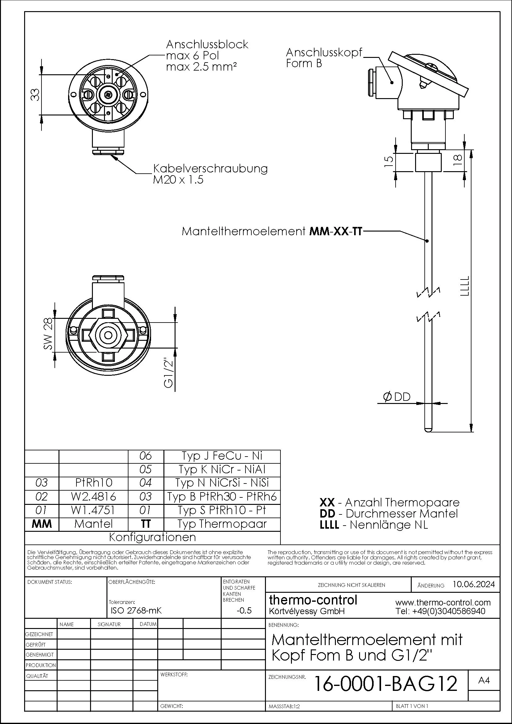 Ausführung Anschlusskopf Form B und G1/2" Gewinde