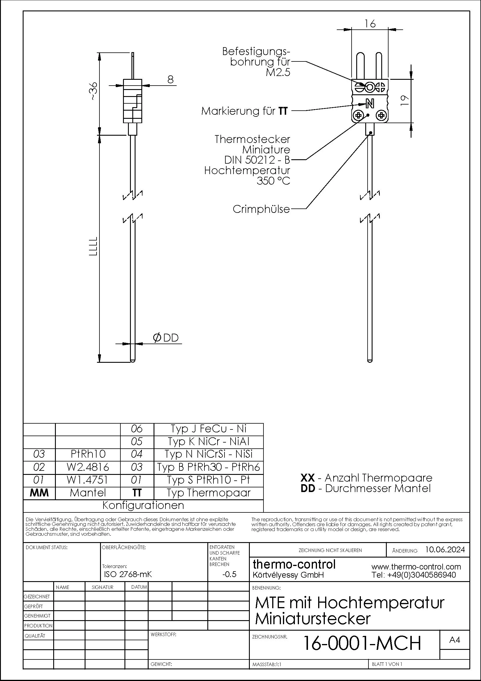 Ausführung Miniaturstecker Hochtemperatur