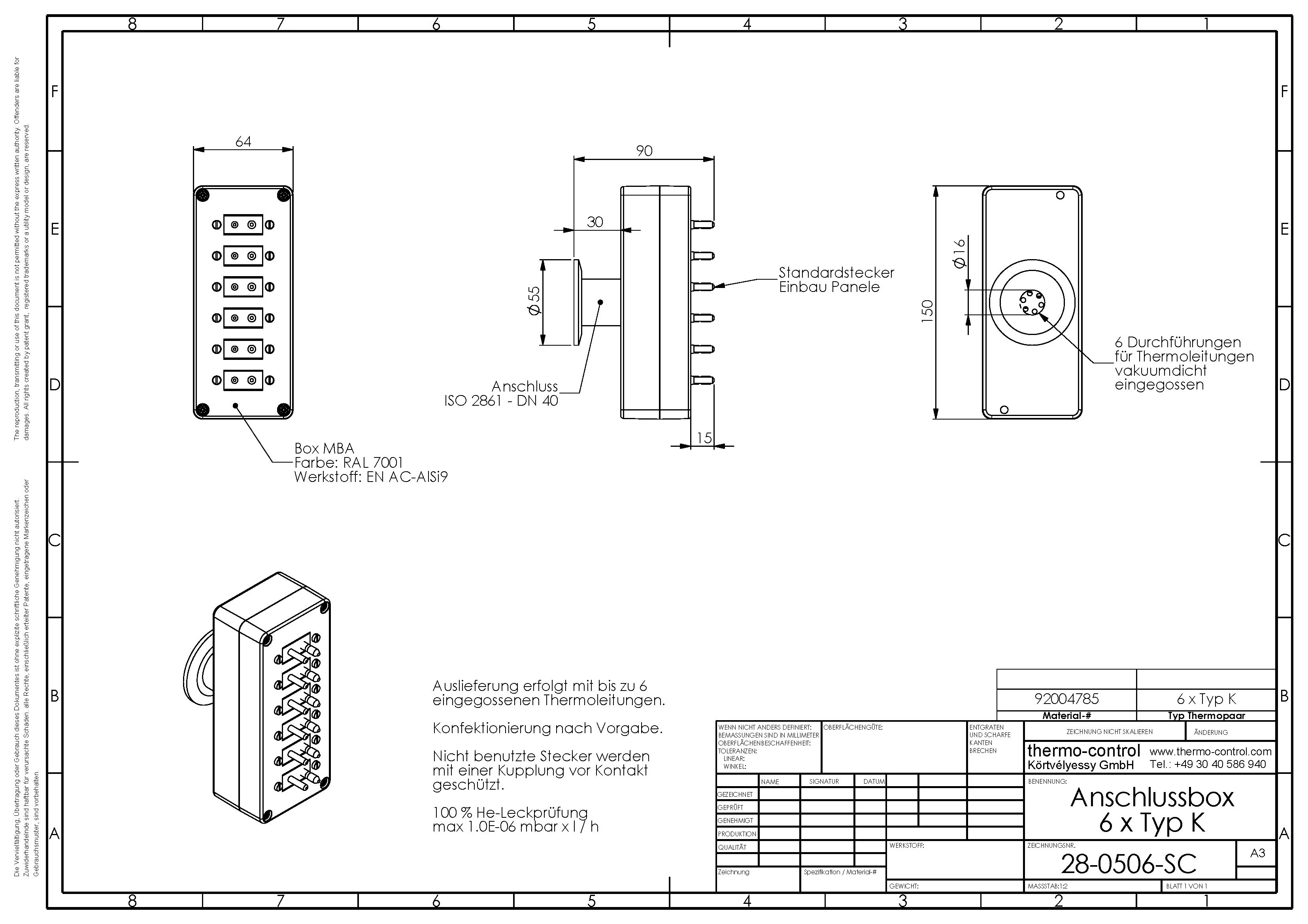 Vakuumdichte Anschlussbox mit 6 x Typ K Standard Thermostecker