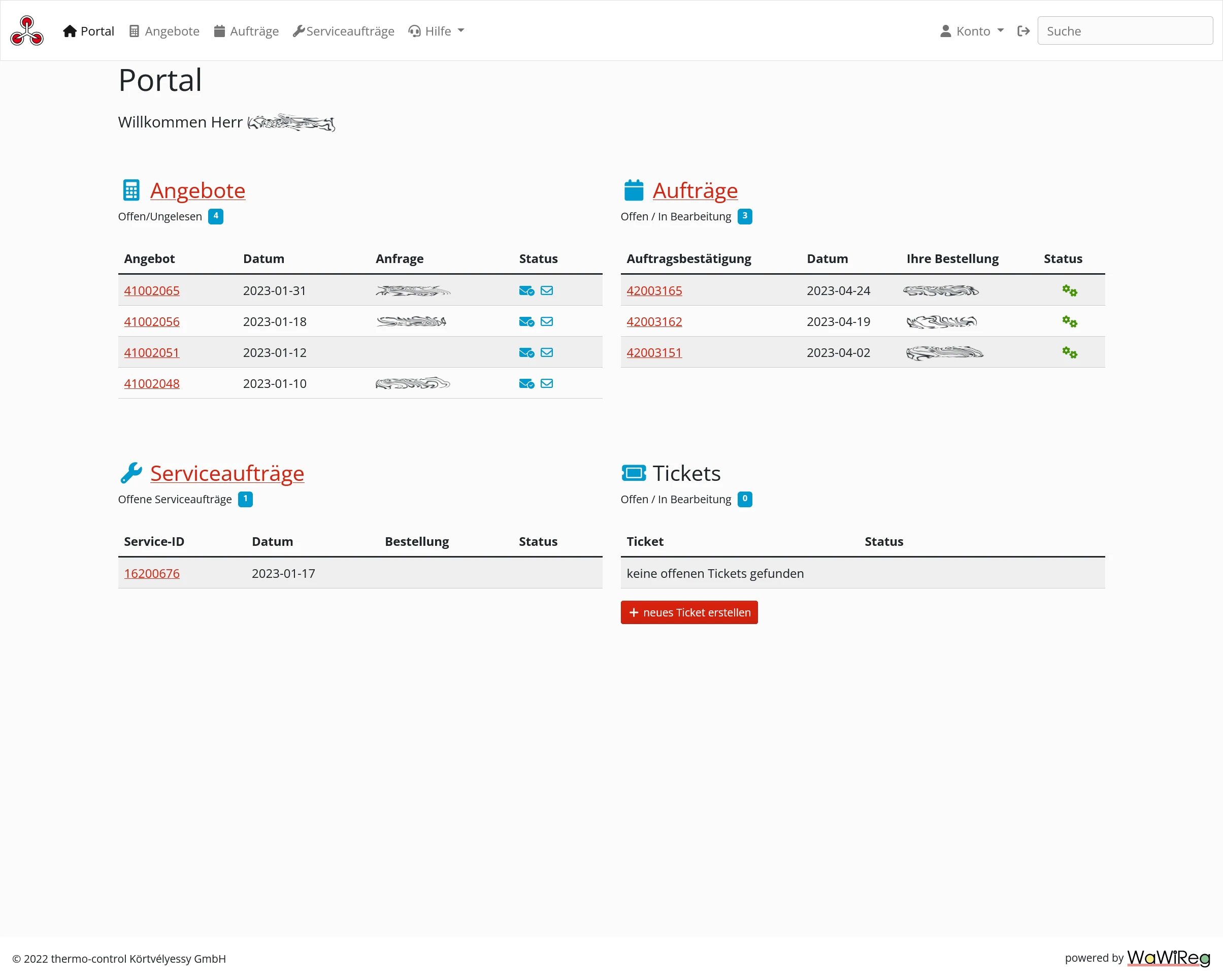 Kundenportal Dashboard mit Übersicht zu Bestellungen