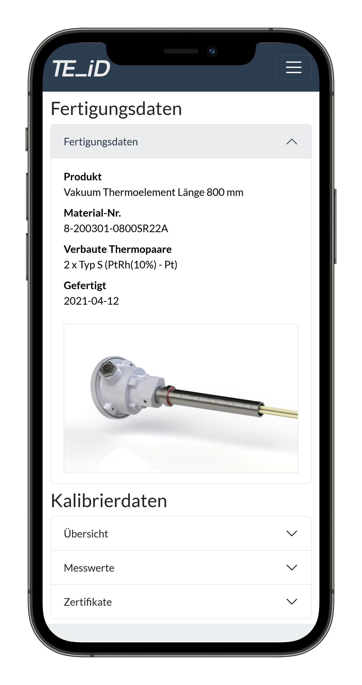 TE_iD Produktdaten Dashboard für Thermoelemente
